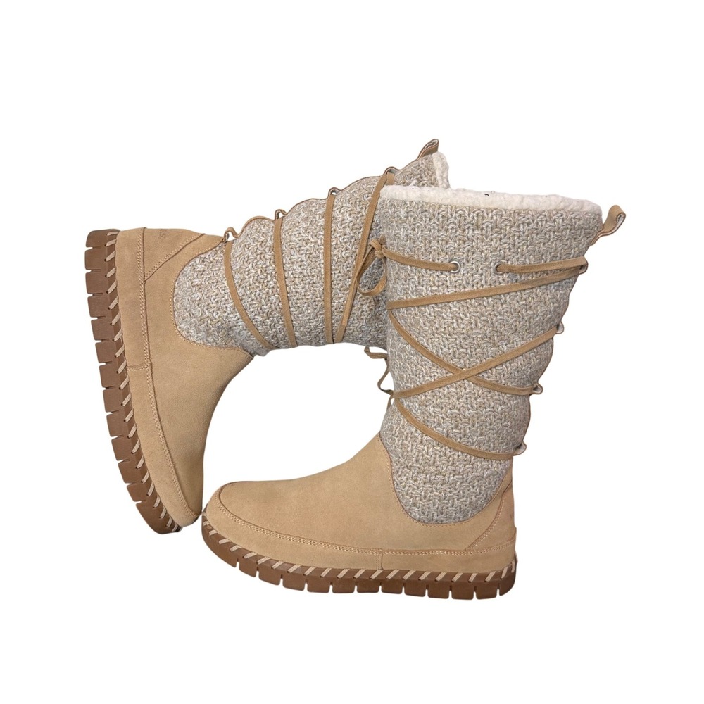 Muk Luks Womens Sweater Knit Boots Mid Calf Size 9.5 Suede Leather Strappy Fur